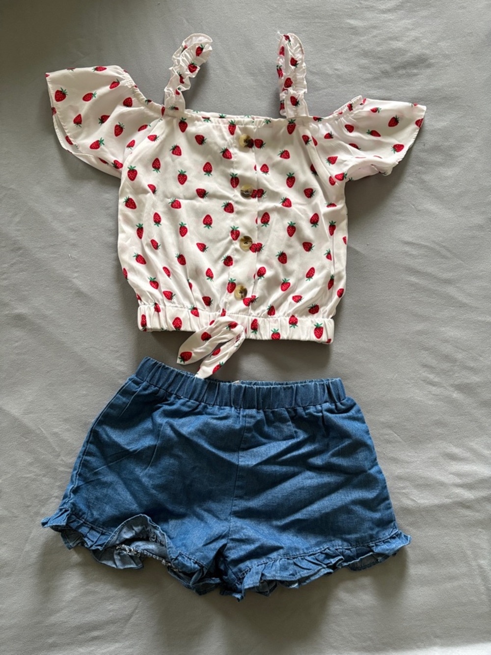 Strawberry Print Tie-Front Crop Top & Denim Ruffle Shorts Set Girls 5